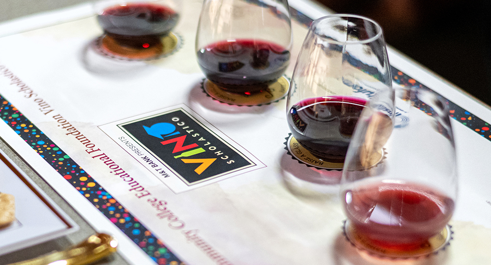 Close-up of a wine tasting setup featuring several glasses of red wine arranged on a tasting mat with the Vino educational foundation logo.