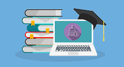 Illustration of a laptop displaying a financial aid icon next to a stack of books with bookmarks and a graduation cap.