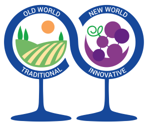 Two stylized wine-glass icons connected side by side. The left glass shows a sunny landscape with fields and hills and is labeled ‘Old World – Traditional.’ The right glass contains a cluster of purple grapes with a curled vine and is labeled ‘New World – Innovative.’