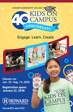 Kids on Campus 40th anniversary brochure from Howard Community College, highlighting summer classes for kids in 2026. Filename: KOC_2026...ver.jpg