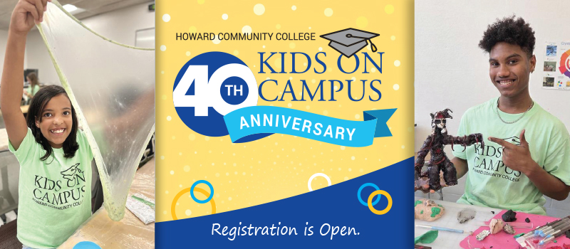 Two KOC students making crafts with KOC's 40th anniversary logo along with a message that Registration is Open.
