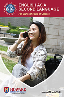 English as a second language fall 2026 schedule of classes. A student is smiling while she is taking on a cellphone while sitting in the Quad