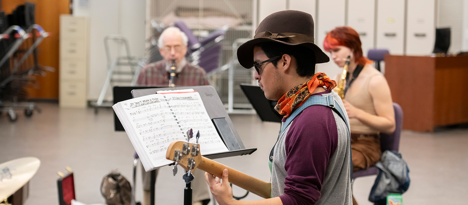 Music students develop their performance skills during an ensemble rehearsal in HCC's Music program.