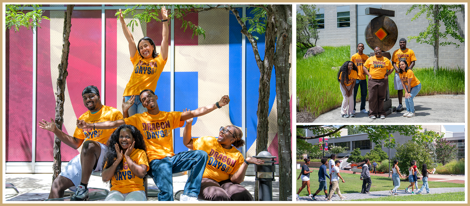 Collage of Howard Community College students in Dragon Days shirts posing together, gathering around campus, and walking across campus during orientation activities.